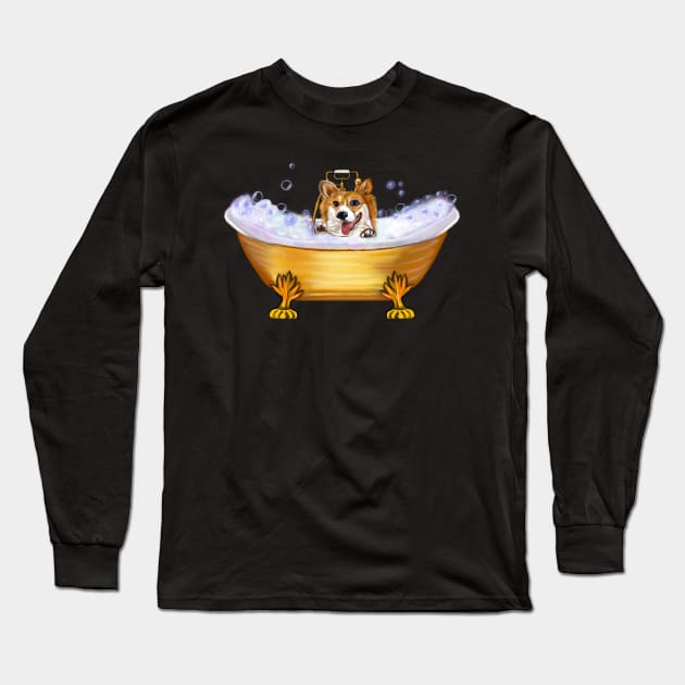 Corgi dog spa day- corgi puppy in luxurious bubble bath. Cute puppy love ! Long Sleeve T-Shirt by Artonmytee